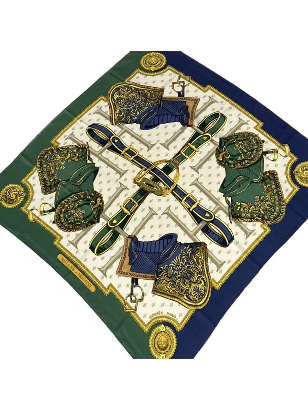 Hermes Scarf Carre 90 Dark Green Navy Multi Selles Housse
